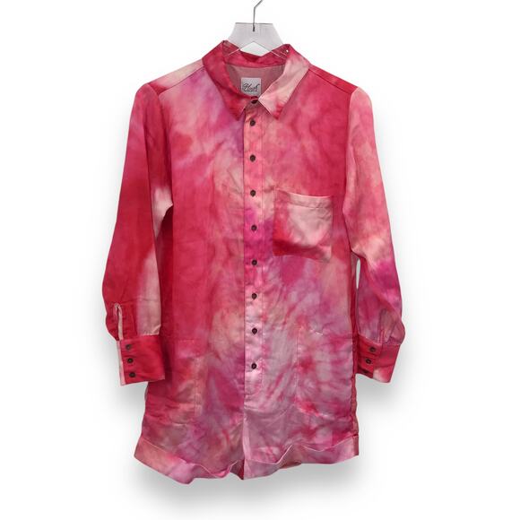 Plush Red Tie Dye Romper XS Collared Button Front Long Sleeve Pocket - Picture 1 of 8